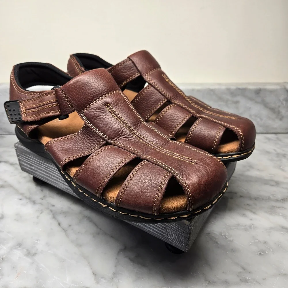 Dr. Scholls Gaston Mens Brown Leather Fisherman Sandals Memory Foam Size 13 M - Picture 1 of 14